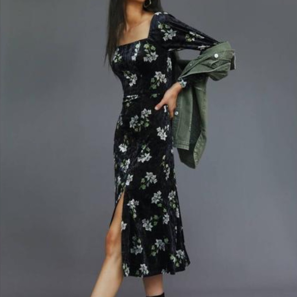 Anthropologie Hutch Velvet Floral Midi Dress